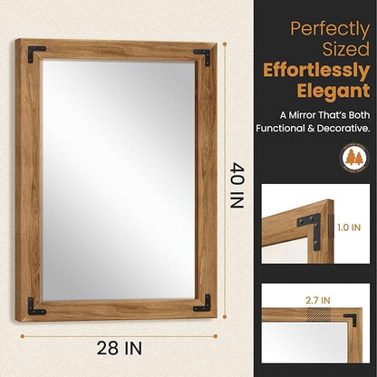 TRAHOME Full Length Mirror with Wooden Frame, 40"X28" Solid Wood Standing Floor Mirror for Farmhouse, Bathroom, Bedroom Decor, Hanging or Leaning Wall-Mounted