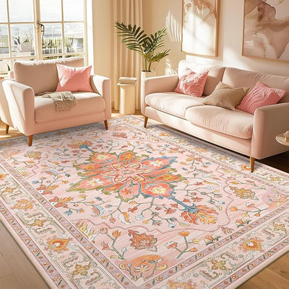 RELEANY Area Rugs 5'x7' Washable Non-Slip, Floral Vintage Distress Print Pattern Medallion Carpet for Living Room Bedroom Dining Room, Light Pink Colorful