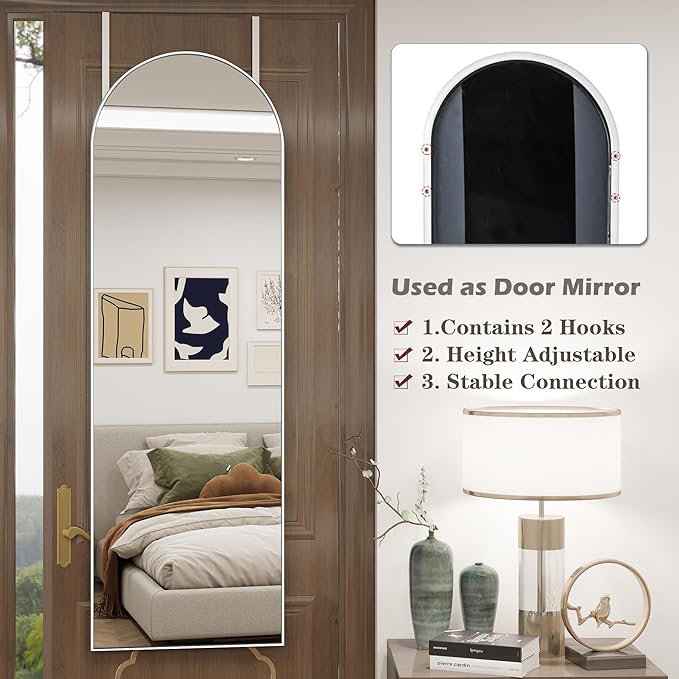 Dewfig Door Mirror with Stand, Arched Full Length Mirrors Over The Door, 16"x 50" Hanging or Wall Mirror, Full Body Mirrors for Bedroom,Living Room,White