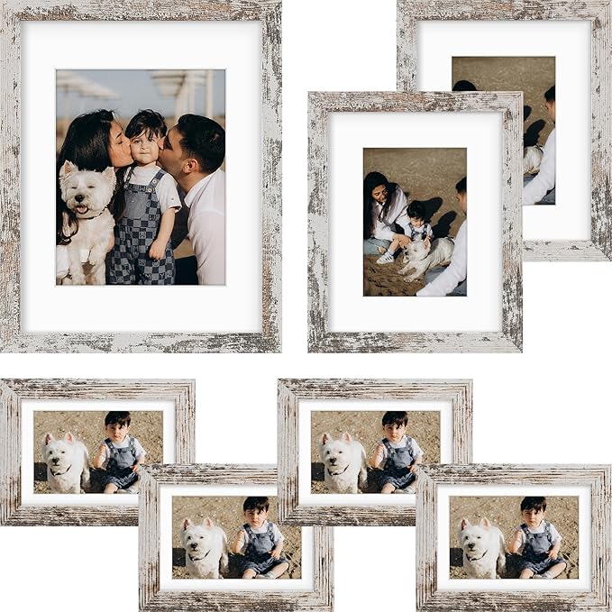 Frametory, Gallery Wall Frame Set of 7 Multiple Sizes 11x14, 8x10, 5x7 Picture Frame Collage with White Mat for Prints, with Real Glass (Distressed White)