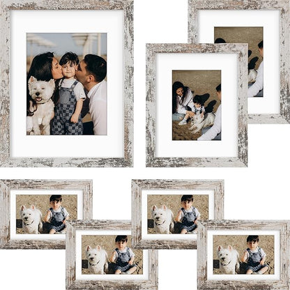 Frametory, Gallery Wall Frame Set of 7 Multiple Sizes 11x14, 8x10, 5x7 Picture Frame Collage with White Mat for Prints, with Real Glass (Distressed White)