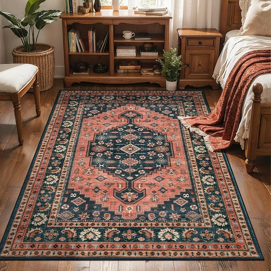 Tangsoo Vintage 3x5 Area Rug for Bedroom Entryway,Oriental Washable Soft Low Pile Indoor Rugs,Boho Non-Slip Carpet for Living Room Bedside Entry Red Blue