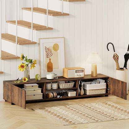 Tangkula Modern TV Stand for up to 70” TVs, 63”L Minimalist Entertainment Center w/ 2 Doors & Open Shelves, Media Console Table Storage Cabinet with 6 Support Feet for Living Room (Rustic Brown, 63”L)