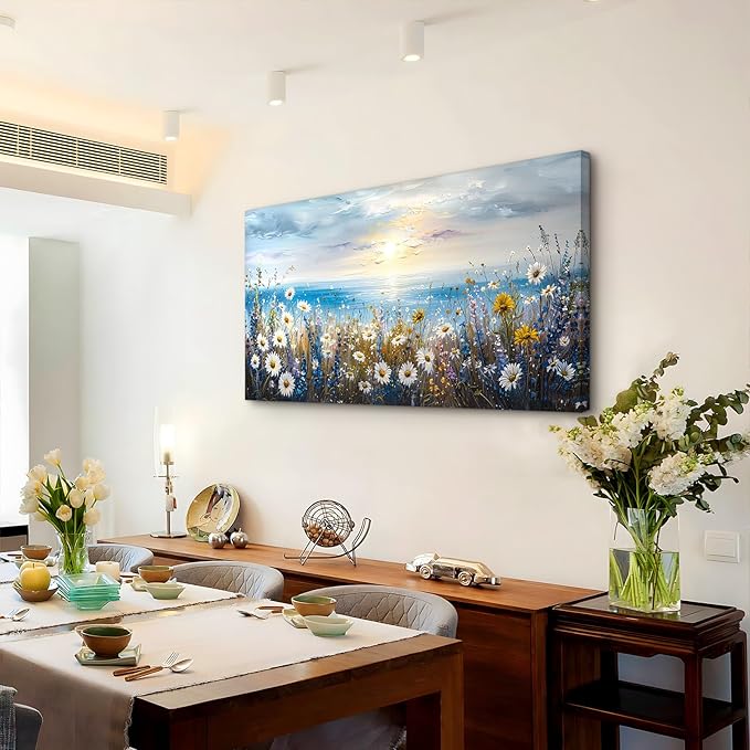 crmotu Coastal Beach Scenery Wall Art, Daisy Wildflower Large Botanical Prints, Seaside Sunset Landscape Canvas Painting, Floral Modern Wall Decor Living Room Bedroom Home Office Artwork 24X48 In