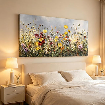 BQVCT Wildflower Meadow Canvas Wall Art 24x48 Inch Floral Botanical Painting Print on Framed Canvas Vibrant Colorful Garden Landscape Wall Decor for Living Room Bedroom Office