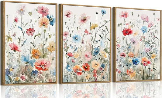 KISSFOX Framed Colorful Wildflower Canvas Wall Art Set Of 3 Flowers Pictures Prints Flowers Printing Floral Watercolors Flower wall Decor Living Room Girls Bedroom Bathroom