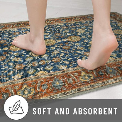 KUTA Vintage 2x3 Rugs for Entryway, Non-Slip Washable Kitchen Rugs & Indoor Door Mat with Floral Print, Blue Terracotta Ultra Thin Soft Low-Pile Throw Rug for Front Door, Bedside, Small Spaces