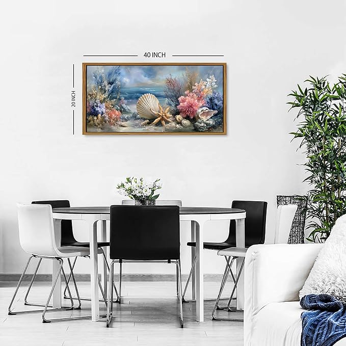 Coastal Coral Wall Art Rustic Seashell Framed Painting Graffiti Abstract Seascape Bathroom Wall Decor Blue Ocean Beach Picture for Living Room Conch Starfish Canvas Print Artwork Home Decoration 20x40
