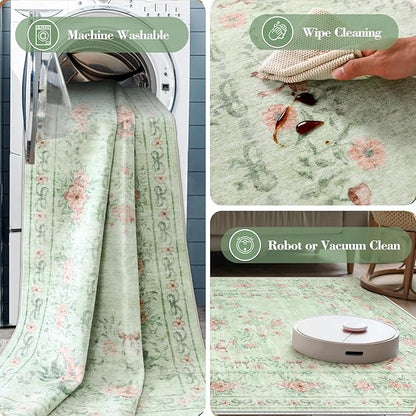 Wonnitar Green Area Rug for Living Room, Floral Bow 8x10 Washable Rug, Ultra-Thin Non Shedding Soft Boho Carpet for Bedroom Dining Room Playroom Dorm, Light Green