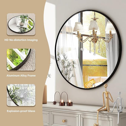 HARRITPURE Round Mirror 24 Black Wall Mounted Circle Mirrors Vanity Mirror with Brushed Aluminum Alloy Frame Modern Decoration for Bathroom, Living Room, Vanity, Bedroom, Entryway