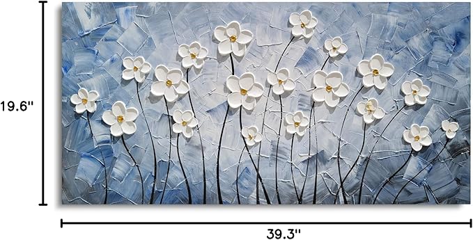 YHSKY ARTS 3D Hand - Painted White Floral Wall Art with Printed Blue Background, Textured Flower Decor for Home