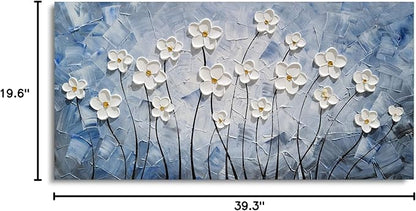 YHSKY ARTS 3D Hand - Painted White Floral Wall Art with Printed Blue Background, Textured Flower Decor for Home