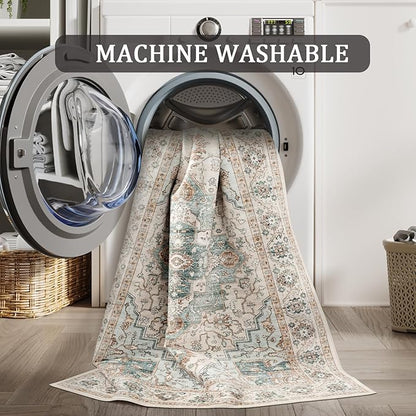5x7 Area Rug for Living Room, Non Slip Vintage Machine Washable Rug, Foldable Stain Resistant Large Area Rugs for Bedroom, Soft Indoor Boho Carpet for Home Decor (Green/Beige, 5'x7')