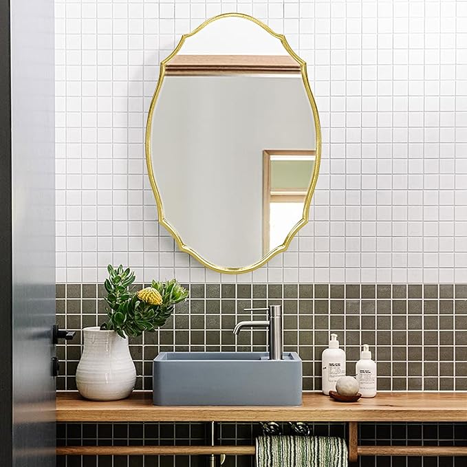 36''x24'' Wood Framed Gold Vintage Mirror, Large Antique Mirrors for Wall, Rustic Thick Frame Polygon Oval Mirror Decor Bathroom Living Room Entryway Stairway Kitchen (Gold)