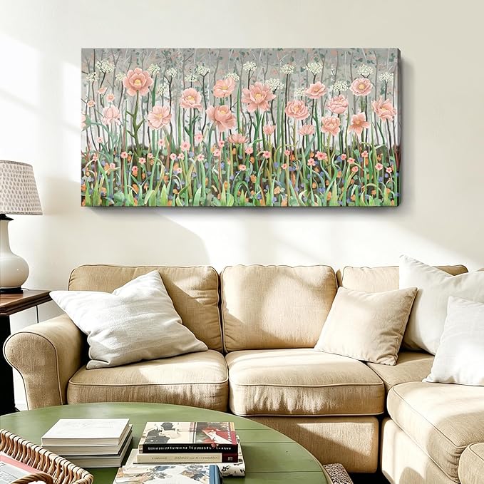 Large Pink Green And White Plant Wall Art For The Living Room， Natural Landscape Wildflower Canvas Print Picture， Modern Country Style Artwork For Living Rooms, Bedrooms, Kitchens, Dining Rooms, And Hallways. 48X24 Inches.