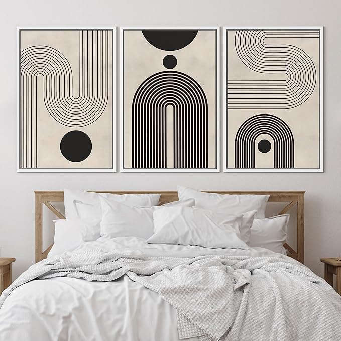 SIGNLEADER Framed Canvas Print Wall Art Set Duotone Geometric Black & White Polygons Abstract Modern Art Geometric Zen Mid-Century for Living Room, Bedroom, Office - 16"x24"x3 WHITE