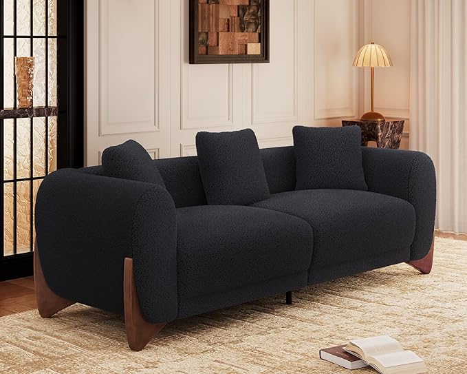 Morden Fort 3 Piece Cloud Couch Set, Modern Sherpa Boucle Sofa Set with Wood Legs, Skin-Friendly Minimalist Upholstered Comfy Couch Sofas for Living Room, 3-Seater Sofa & 2 Chairs, Black