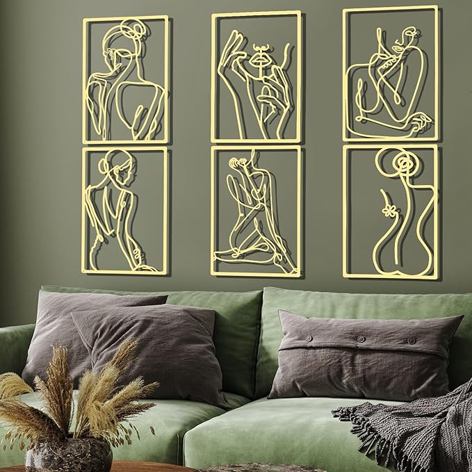 Cindeer 6 Pcs Metal Wall Decor Metal Minimalist Abstract Woman Wall Art Modern Minimalist Decor Aesthetic Female Hanging Art Large Single Line Wall Sculpture for Home Bedroom Living Room (Gold)
