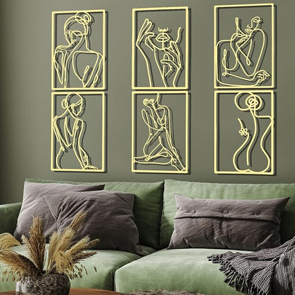 Cindeer 6 Pcs Metal Wall Decor Metal Minimalist Abstract Woman Wall Art Modern Minimalist Decor Aesthetic Female Hanging Art Large Single Line Wall Sculpture for Home Bedroom Living Room (Gold)