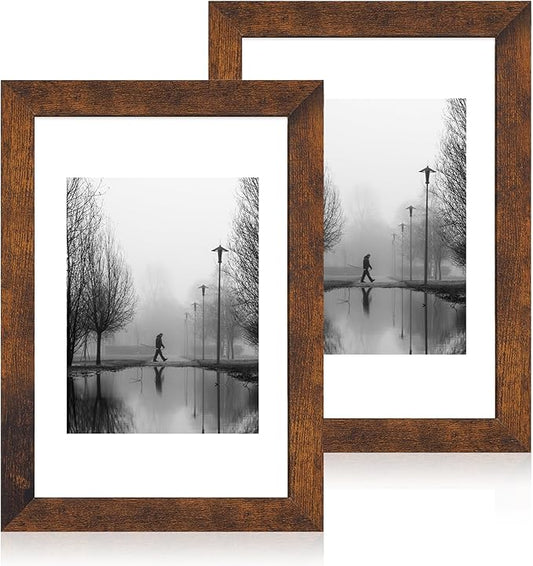 iRahmen 8x12 Picture Frame with Mat 6x8 - High Definition Real Glass Wooden Photo Frames for Tabletop Display and Wall Mounting (Dark Brown, Set of 2)