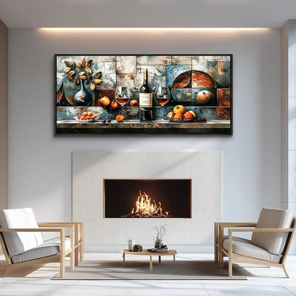 hyidecorart Large Framed Wall Art for Kitchen Vintage Wall Decor For Living Room Dining Room Decorations Modern Pictures Still Life Wine Glass Fruit Canvas Prints Painting Artwork Home Decor 32x72 In
