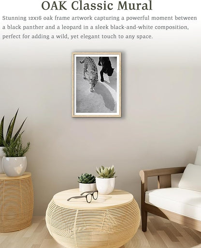 EcoHest Cheetah and Jaguar Walking Framed Wall Art, 12x16 in OAK Wood Vintage Black and White Funny Bathroom Canvas Art, Fashion 1950s Poster Decor, Beige Logs Set of 1 for Bedroom Living Room