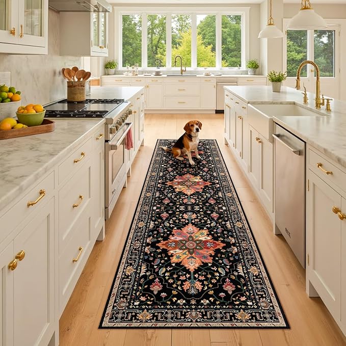 RELEANY Area Rugs 2'6"x8' Runner Rug Non Slip Washable for Kitchen Hallway Bedroom Beside Laundry Room Bathroom Rug, Floor Carpet, Black Colorful Floral Dark Tan