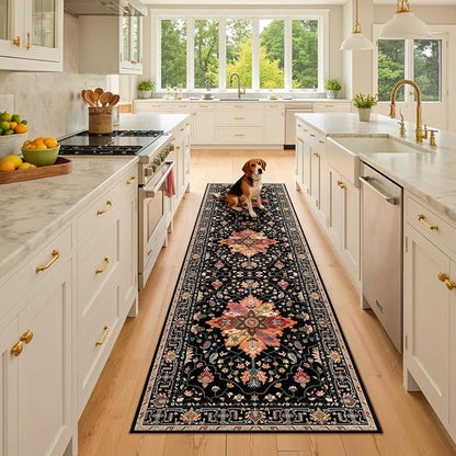 RELEANY Area Rugs 2'6"x8' Runner Rug Non Slip Washable for Kitchen Hallway Bedroom Beside Laundry Room Bathroom Rug, Floor Carpet, Black Colorful Floral Dark Tan