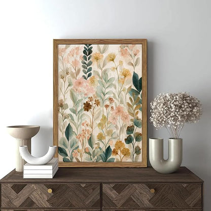 Framed Boho Floral Wall Art, Neutral Botanical Wildflower Canvas Wall Decor Painting, Vintage Flower Poster Print Picture for Living Room Bathroom Bedroom 16x24 Inch
