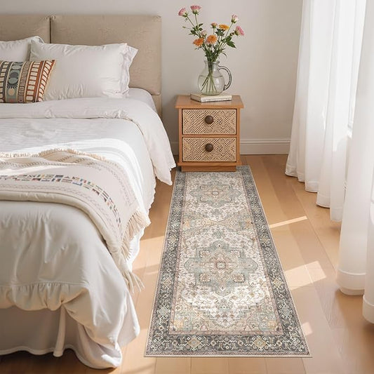 EIEIHOUSE Washable 2x6 Runner Rug - Area Rugs Neutral Vintage Distressed Floral Farmhouse Boho Large Soft Floor Rug Indoor Carpet for Hallway Entryway Bedroom Kitchen - Forest Green Orange