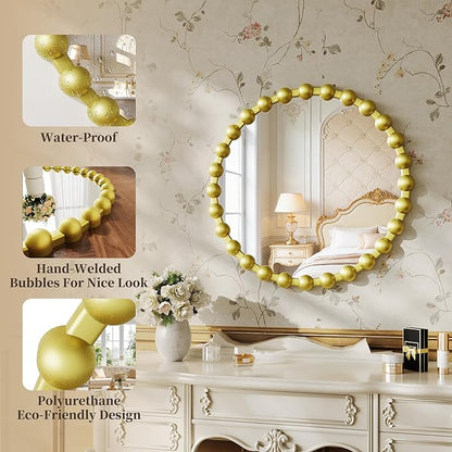 Round Mirror for Wall, 36 Inch Gold Round Vanity Mirror with Beaded Frame, Modern Decorative Wall Mirror for Bathroom, Entryway, Bedroom, Living Room, Gold
