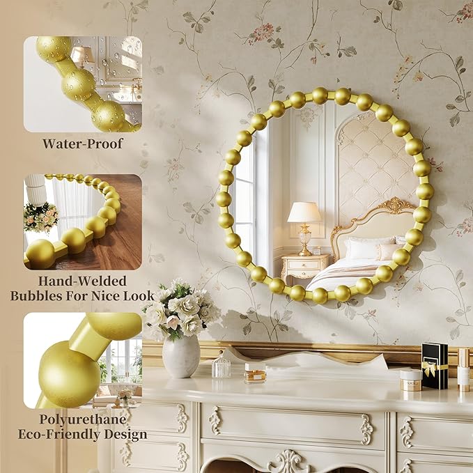 Round Mirror for Wall, 28 Inch Gold Round Vanity Mirror with Beaded Frame, Modern Decorative Wall Mirror for Bathroom, Entryway, Bedroom, Living Room, Gold