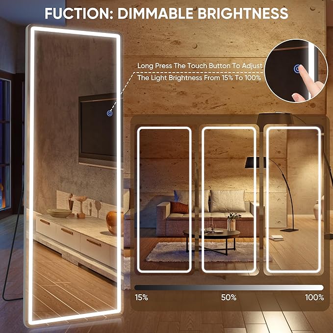 Antok LED Full Length Mirror with Light, 58"x18" Lighted Full Body Mirror with Stand, Dimmable & 3 Color Lighting Standing/Leaning/Wall Mounted Vanity Mirror for Bedroom Cloakroom Livingroom(Rect)