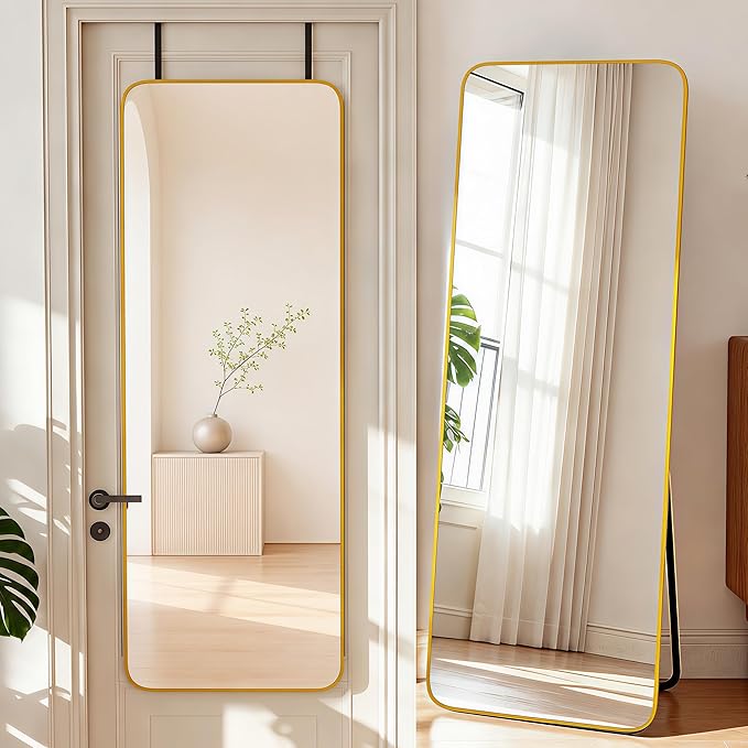 NARCISSUS 57x20 Mirror Door Hanging Full Length Body with Floor Stand or Wall Mounted Metal Aluminum Frame Tempered Glass Rectangle Mirrors for Bedroom Dressing Living Room Bathroom 57 inch Gold