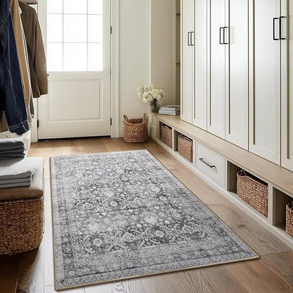 Washable 4x6 Rugs for Living Room, Boho Non-Slip Vintage Distress Small Rugs for Bedroom Nursery Office, 0.3" Neutral Oriental Throw Thin Carpet with Cushioning Pad, Grey/Multi, C5