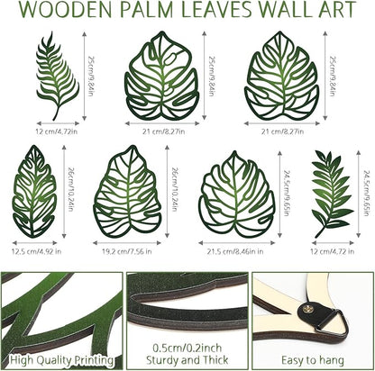 Namalu 7 Pcs Tropical Wall Decor Jungle Monstera Wall Art Boho Palm Leaf Wooden Decoration Tropical Nursery Decor Vintage Natural Monstera Leaf Plaque for Farmhouse Kitchen Bedroom Garden(Green)