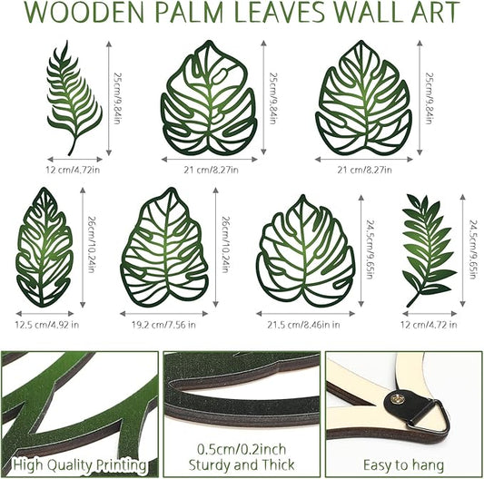 Namalu 7 Pcs Tropical Wall Decor Jungle Monstera Wall Art Boho Palm Leaf Wooden Decoration Tropical Nursery Decor Vintage Natural Monstera Leaf Plaque for Farmhouse Kitchen Bedroom Garden(Green)