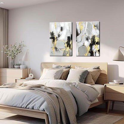 Framed Abstract Black Gold Wall Art Set of 2, Modern Black White Gold Canvas Prints Poster Picture for Living Room Bedroom Office Wall Decor 12 x 16 Inch