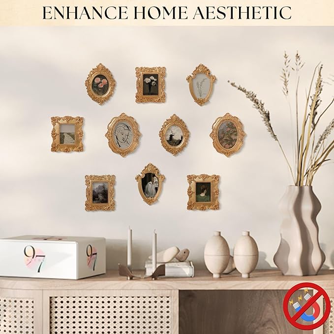 97 Decor Small Gold Picture Frames Set (No Standing & Backing) - 10 Mini Vintage Frames For Galley Wall, Assorted Gold Vintage Picture Frame Bulk, Antique Ornate Miniature Frame (Non-magnetic)