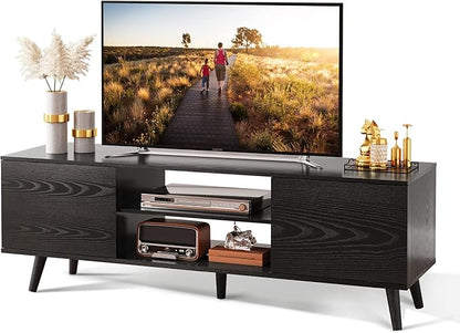 WLIVE Mid-Century Modern TV Stand for 55/60 Inch TV, Entertainment Center with Storage & Adjustable Shelves, Media Console with Soft-Close Cabinets for Living Room/Bedroom, Black