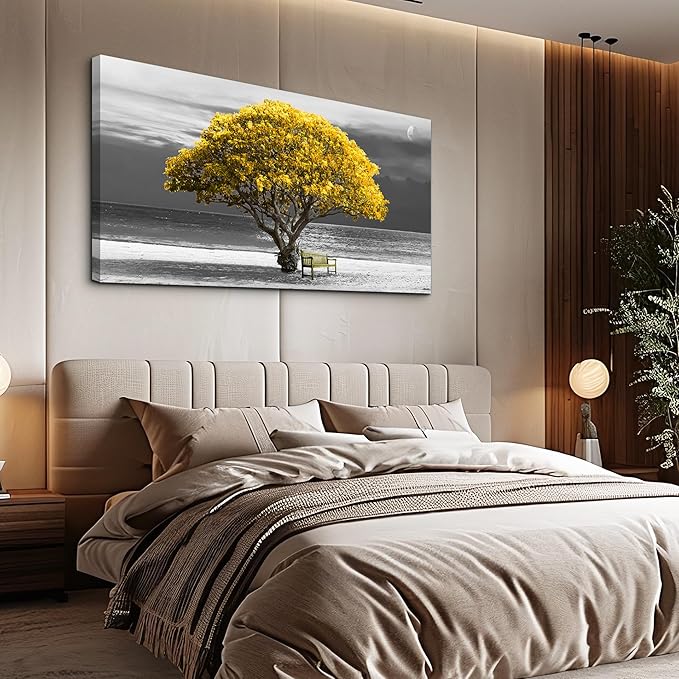 wall art for living room Decorations Photo Prints - panoramic black and white with yellow trees The moon scenery - Modern Home Decor The room Stretched and Framed Ready to Hang artwork 20X40inches