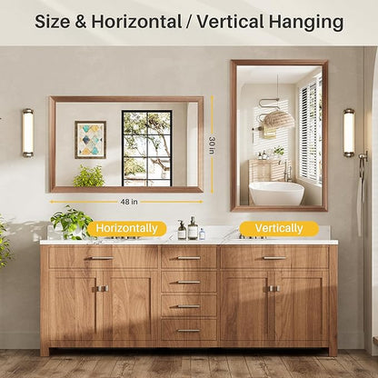 48x30 Inch Bathroom Mirror for Wall, Anti-Rust Walnut Wood Grain Metal Framed Bathroom Mirrors for Over Sink,Rectangler Mirrors for Bathroom Vanity, Farmhouse, Bedroom, Living Room, Entryway Decor