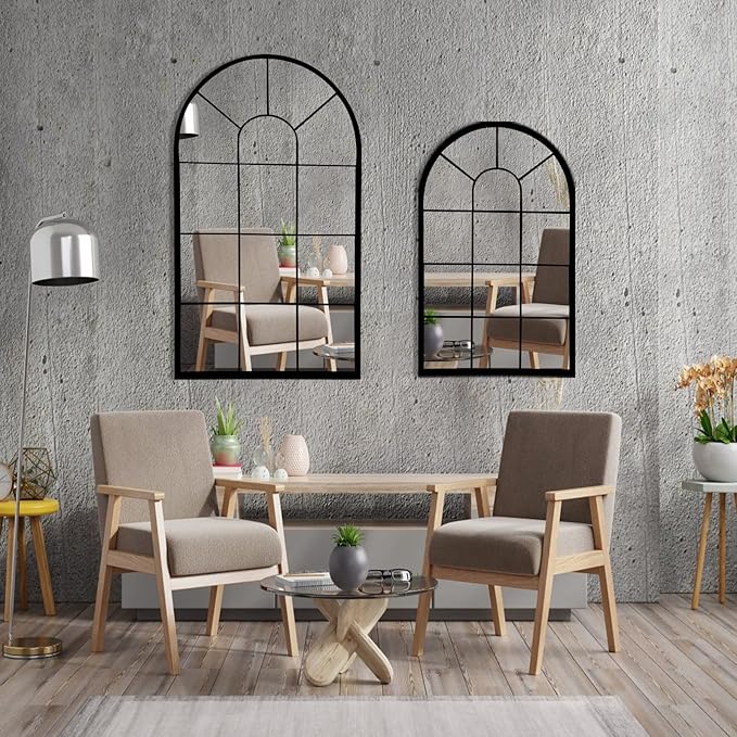 HQiJun Wall Mirror Window Decorative Mirrors Arched Farmhouse for Living Room Bedroom Entryway Bathroom Vanity (Black,41.3”x 24” x1”)