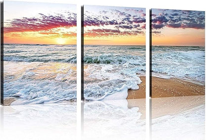 TutuBeer 3 Panels Beach Pictures Beach Canvas Wall Art White Ocean Sunrise with Deep Blue Sky Ocean Pictures Wall Decor Seascape Wall Art for Home Decor Ready to Hang 16" x 32" x 3