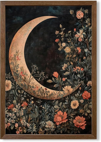 JLTULT Framed Vintage Floral and Moon Canvas Wall Art, Dark Mystical Celestial Floral Wall Decor, William Morris Gothic Prints Artwork for Bedroom Living Room Office Decoration 20x30 inch Easy to Hang