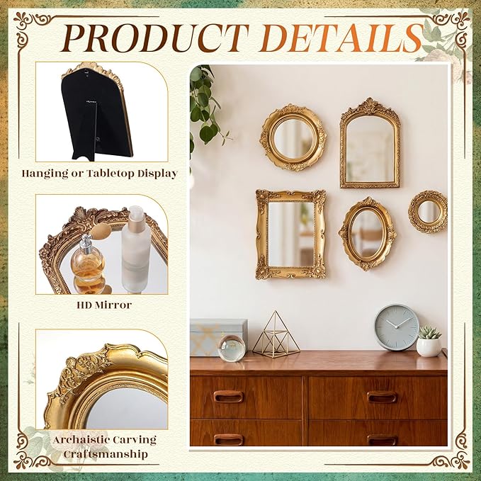 5 Pcs Vintage Gold Mirror Luxury Set Small Gold Mirrors Vintage Gallery Wall Mirror Hanging Antique Art Decor for Wall Living Room Entryway Assorted Sizes (Stylish Style,10in/8in/7in/4in)