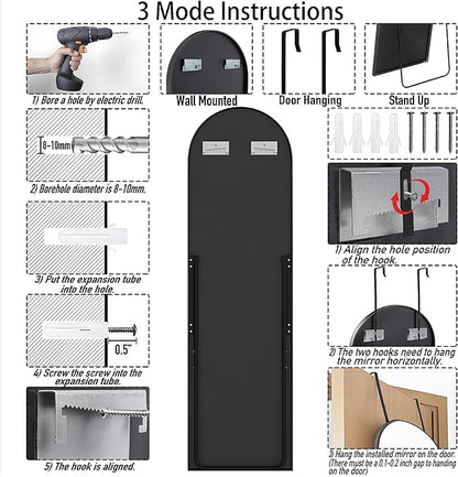 SCWF-GZ 57x16 Door Hanging Full Length Mirror, Floor Stand (Height 5.7ft just Body in1.3ft) / Wall Mounted Metal Frame Arch Dressing Mirrors for Bedroom Living Room 57 inch Black