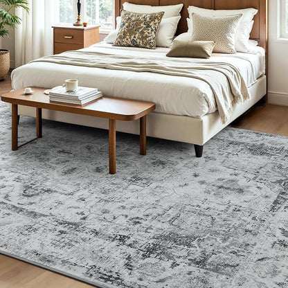YOH Boho Washable Rug 9x12, Light Gray Vintage Non Slip Area Rug, Distressed Indoor Carpet for Living Room Bedroom Kitchen Office