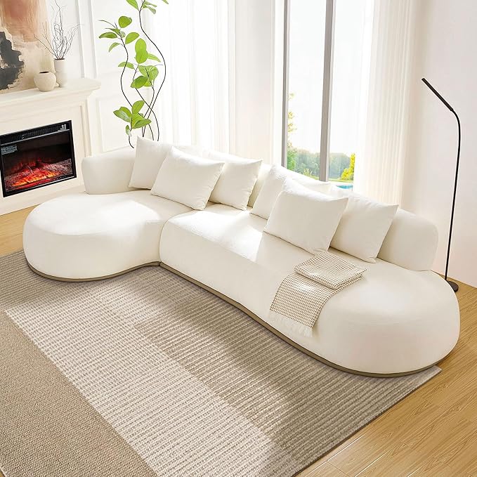 WILLIAMSPACE 134.63" Oversize Curved Sofa Cloud Couch with Round Chaise, Modern Upholstered Curved Sectional Sofa Couch with 6 Pillows for Living Room, No Assembly (Left-Facing,Cream White)