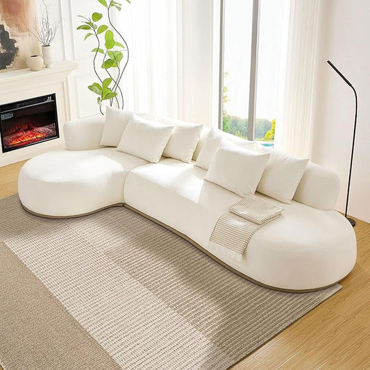 WILLIAMSPACE 134.63" Oversize Curved Sofa Cloud Couch with Round Chaise, Modern Upholstered Curved Sectional Sofa Couch with 6 Pillows for Living Room, No Assembly (Left-Facing,Cream White)